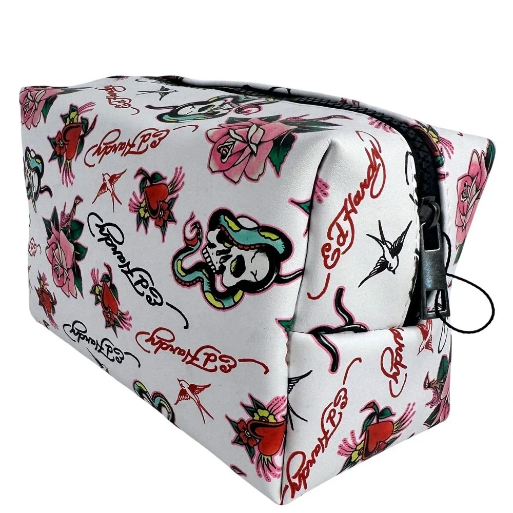 Ed Hardy Loaf Style Cosmetic Bag White Tattoo Print Vegan Leather Makeup Pouch